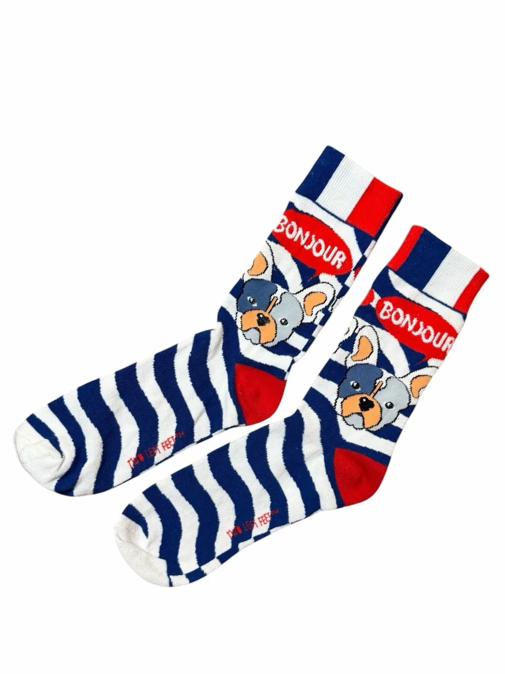 🐶🇫🇷 Bonjour French Bulldog Stripe Dog Socks - Blue, White & Red Unisex Medium